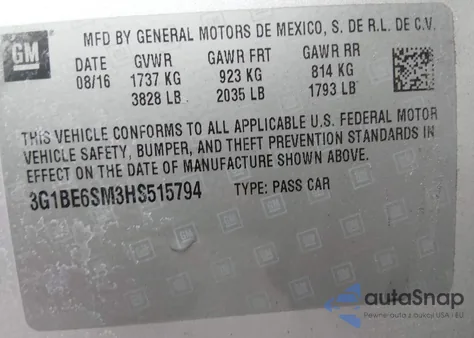 2017 Chevrolet Cruze Lt Auto из США, поврежденный, VIN 3G1BE6SM3HS515794